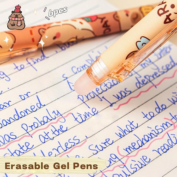 Rexinc 6PCs Capybara Mechanical Erasable Gel Pens, Cute Animal Cartoon Capibara Back to School Supplies, 0.5mm Blue Ink Kapibara Pens Office Kids Students Girls Boys Party Birthday Favors