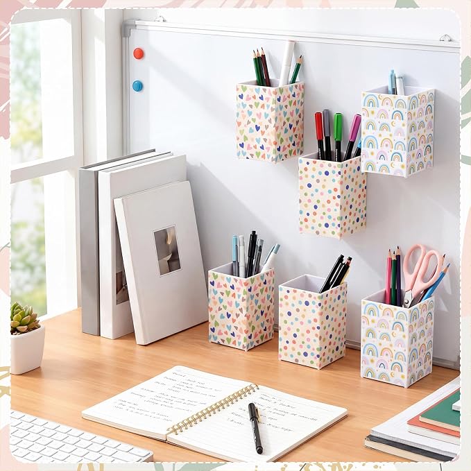 6 Pcs Boho Classroom Decor Classroom Magnetic Storage Boxes Magnetic Storage Containers Plastics Pen Holder for Refrigerator Whiteboard Home Office School Organizer Supply