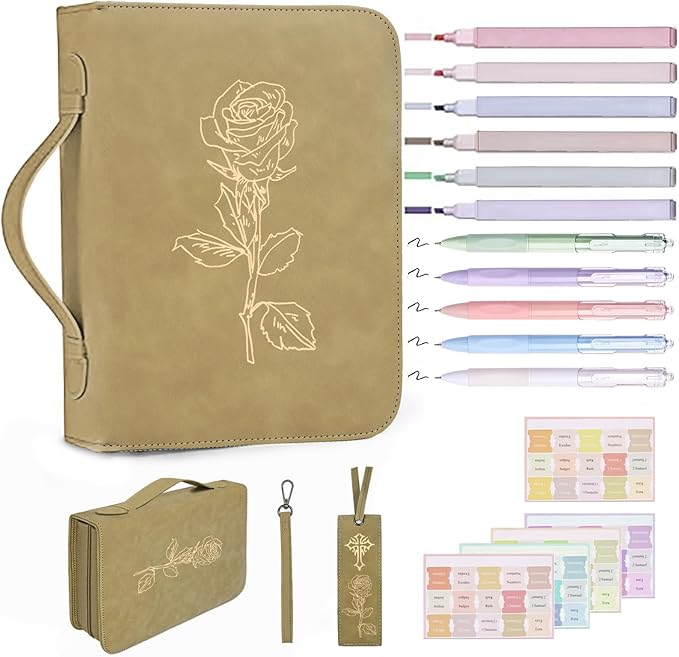 CITYCHASE Elegant Rose Design Bible Cover Case with Bible Study Supplies Highlighters Pens Bookmark Leather Bible Cover Case for Women Perfect Gift for Christians(Khaki Pro)