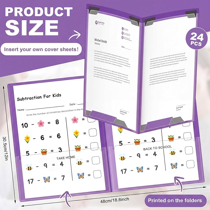 Henoyso 24 Pcs Take Home Folder Heavy Duty 2 Clear Front Pockets and 2 Inside Pockets Homework Folders for School Students Parent Teacher Classroom Communication (Purple)