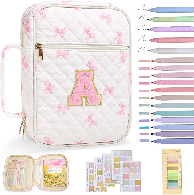 Personalized Initial Bible Cover Case for Women Girls Kid Large Bible Cover with Durable Handle Quilted Bible Carrying Case for Girls Bible Study Supplies Accessories (Pink Bow A, one Size)