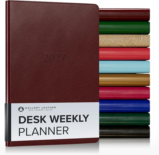Gallery Leather Desk Weekly Monthly Planner 2027, Elegantly Bound Calendar Planner and Notebook with Stylish Gold-Gilded Page Edges, 12 Months - Tremont Garnet - 8x5.5"