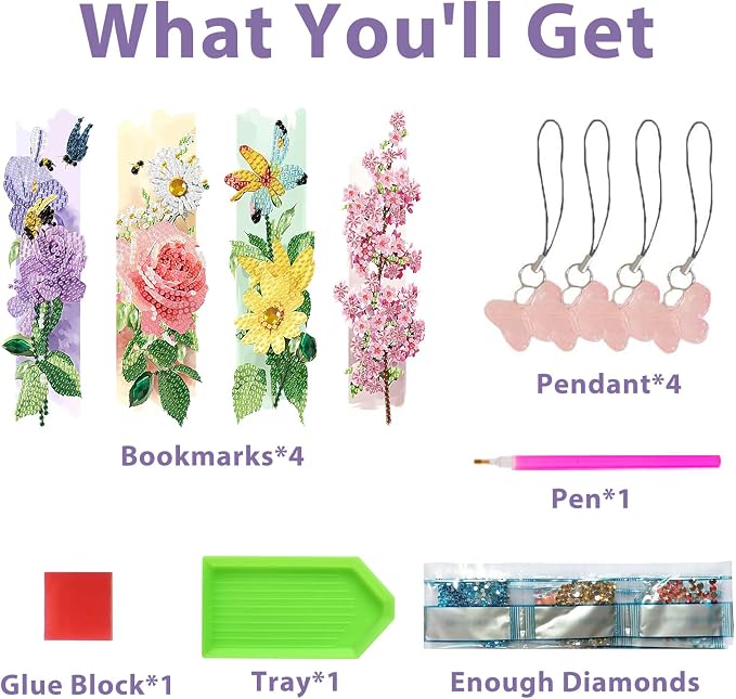 Flower Diamond Art Bookmarks for Adults, 4 PCS Flower Diamond Painting Bookmarks with Pendant, 5d Gem Art, Acrylic Easy DIY Crafts for Books Decor Gift