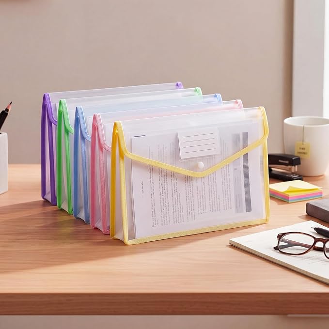 Handepo 50 Pcs Plastic Expanding File Folder Bulk - Transparent Large-Capacity Portable Documents Envelopes with Snap Closure for Office, Business, School - No Dividers (Macaron Colors,A4 Size)