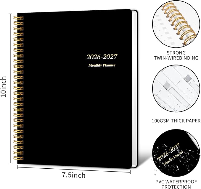 KMQOY Monthly Planner 2026-2027, 2026 Calendar 24 Months Planner, Jan 2026 - Dec 2027, 7.5"x10", Personal Calendar with Monthly Goals, To-Do List, Habit Tracker, 2 years for School Office Home Planning(Black)