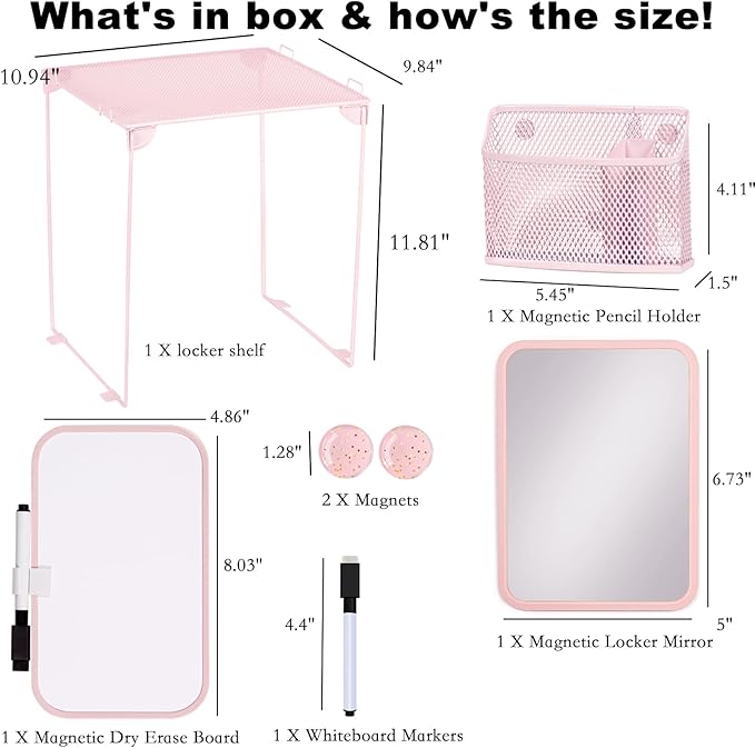 Svartur Pink Locker Accessories with Locker Shelf, Magnetic Mirror, Magnetic Pen Holder, Magnetic Small Whiteboard, Back to School Essentials Locker Decorations, 7 Piece Locker Organizer for Work