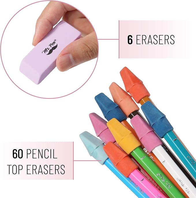 Mr. Pen- School Eraser Combination Set, 66 Pack, Colorful, Latex Free Erasers for School, Office, Art Sketching, Homework, Exams, Clean Smudge-Free Correction