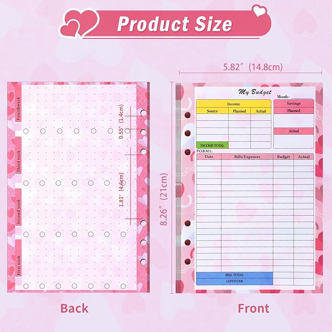 Toplive 7 Pack A5 Planner Inserts Monthly Weekly Planner Refills Paper 6 Ring Expense Budget Sheets with Cash Envelopes Divider Ruler Stickers, for A5 Planner Binder Cover, Pink Heart