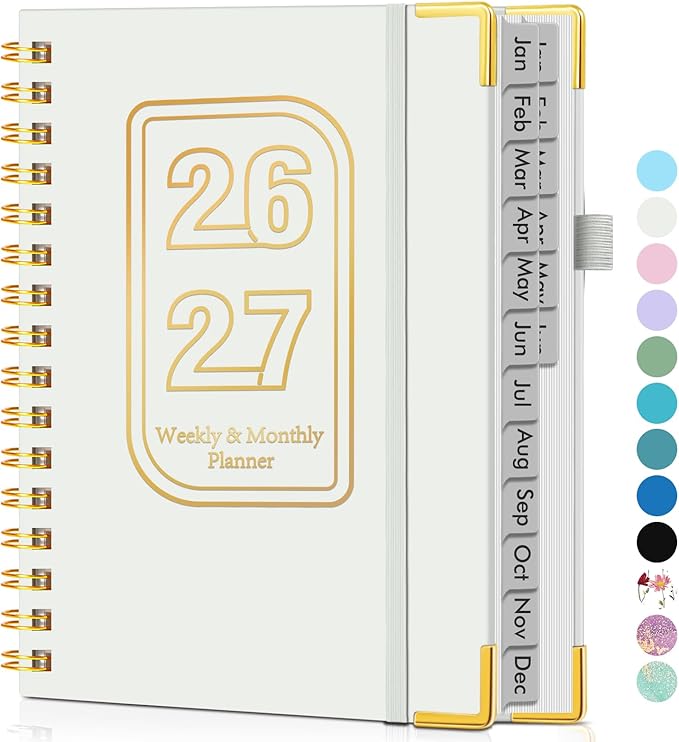 Planner 2026-2027, 18 Months Weekly and Monthly Hardcover Planner, January 2026 - June 2027, 5.75" x 8.38" A5 Daily Calendar Planner Book with Tabs, Spiral Yearly Agenda Organizer Notebook for School Work Home, White
