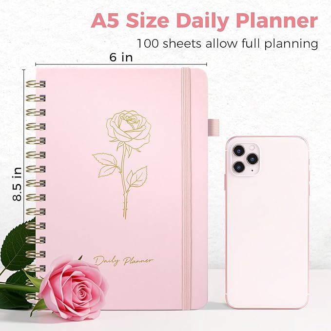 Oucaru Undated Daily Planner, A5 Spiral Notebook with Hourly Schedule, To Do List, Priorities, and Notes for Productivity - Easily Organize Your Tasks, Appointments & Goals for Women