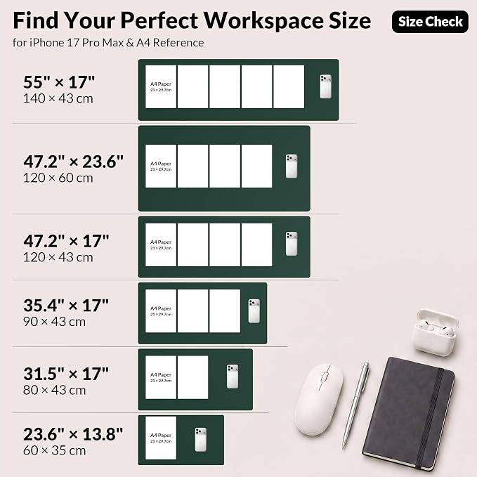 AFIING Cork Desk Mat, Dark Green, 23.6" x 13.7", Desk Pad Protector | Dual-Sided Cork & PU Leather, Non-Slip & Waterproof, Ideal for Laptop, Mouse & Small Desks