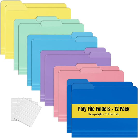 Better Office Products Heavyweight Poly Folders File, 1/3 Cut Tabs, 12 Pack, Assorted Colors, Letter Size, with Adhesive Labels,