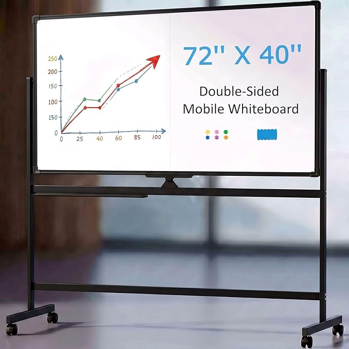 VOWNER Double-Sided Magnetic Whiteboard, 72" x 40" Large Mobile Dry Erase Board, Reversible Rolling White Board with Aluminum Frame & Stand, for Home Office, Classroom, School, Black