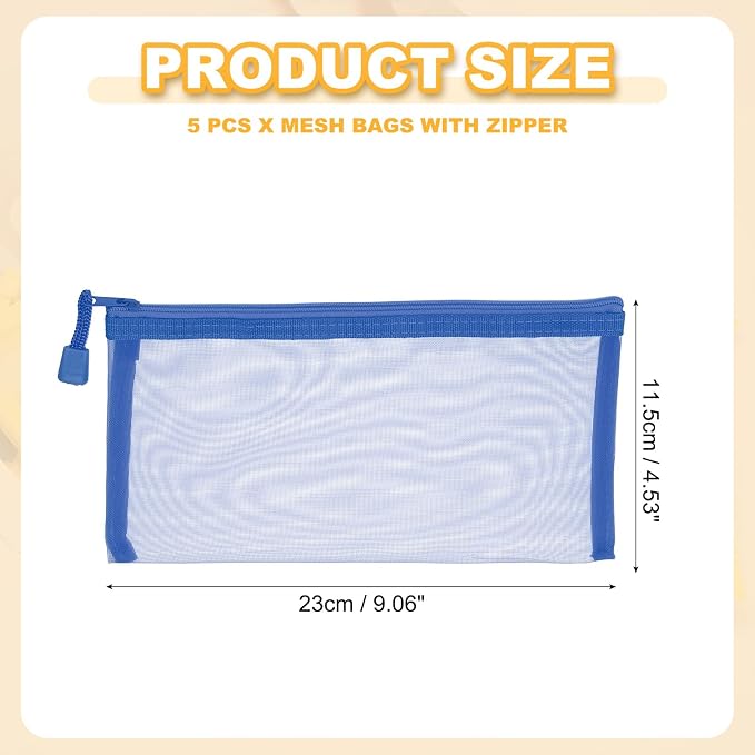 PATIKIL B6 Mesh Zipper Pouch Bags, 5 PCS Mesh Bags with Zipper Plastic Storage Pocket for Organizing File Beads Office Home Supplies, 11.5x23cm, Blue