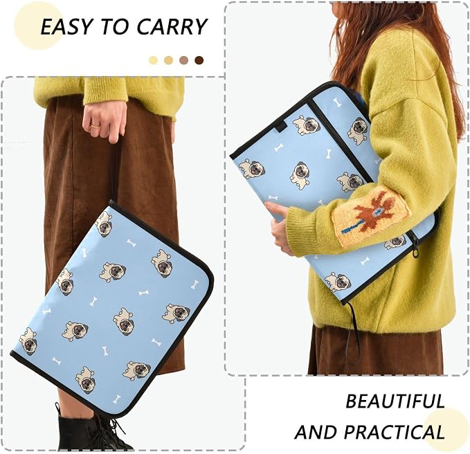 Cute Pug Dogs Cartoon File Folders,Plastic Folders with 13 Pockets,Expandable File Folder for Documents School Students Office,Aesthetic Folder with Labels A4 Letter Size