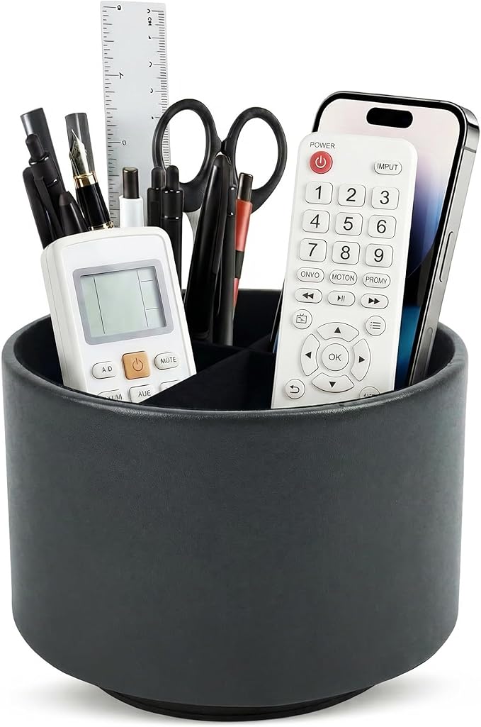 Hennaja Round Leather Art Supply Organizer,Remote Control Holder,360 Degree Spinning,Multi-Functional Pencil Holder,4 Compartments Desktop Stationary Organizer(1-Sheep Black)