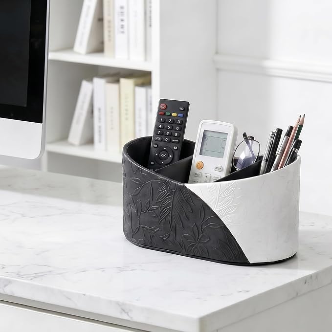 Two Leaves Shaped Leather Art Supply Organizer,Remote Control Holder,Multi-Functional Pencil Holder,3 Compartments Desktop Stationary Organizer(1-Black White)