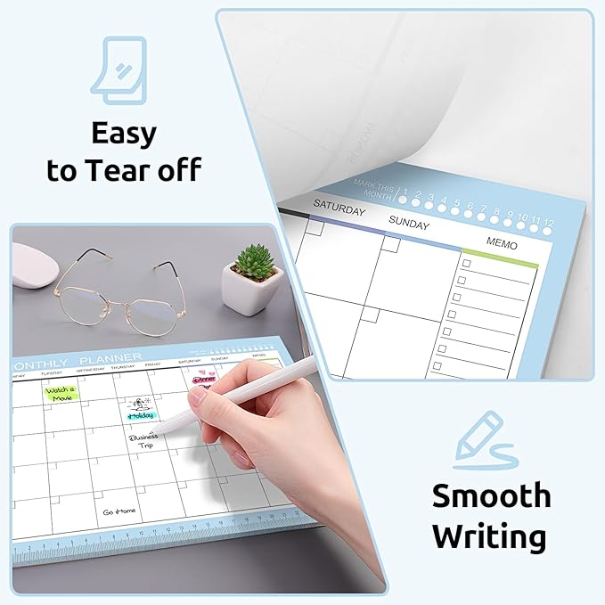 Phyxin Undated Planner, 54 Sheets Blank Calendar, 11.2" x 8.3" Monthly Calendar Planner, Tear Off Undated Monthly Planner with Memo for Women, Students, Teachers, Blue