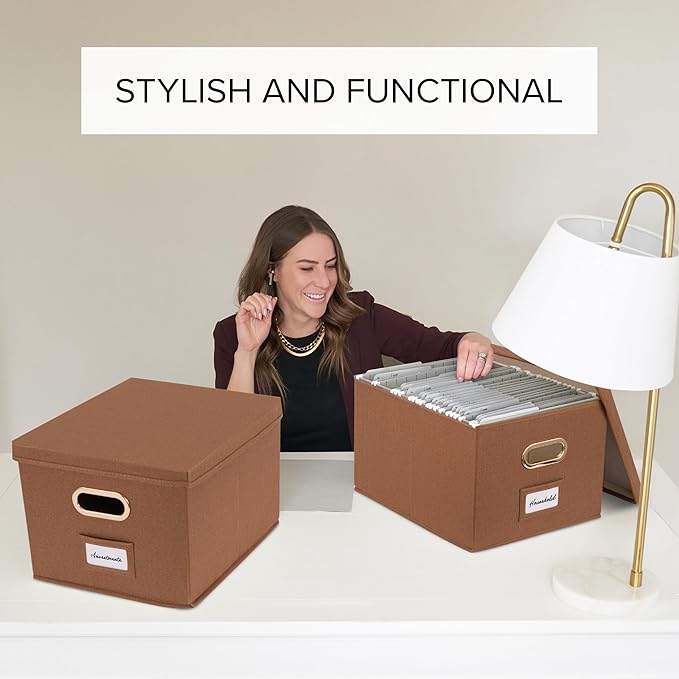 Decorative File Organizer Box Set of 2 - Collapsible Linen Filing Cabinets with Handles Are Perfect to Store All Your Documents & Hanging File Folders - Portable Easy Slide Office Crates with Lid