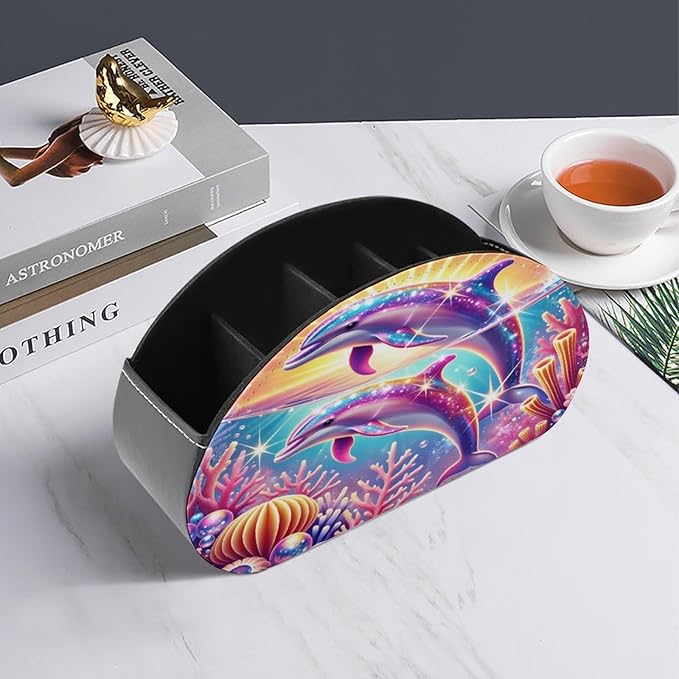 Dolphin Sunset Colorful Coral Reef Ocean Remote Control Holder with 5 Compartment PU Leather Multi Functional Desk Storage for TV Remotes Office Supplies