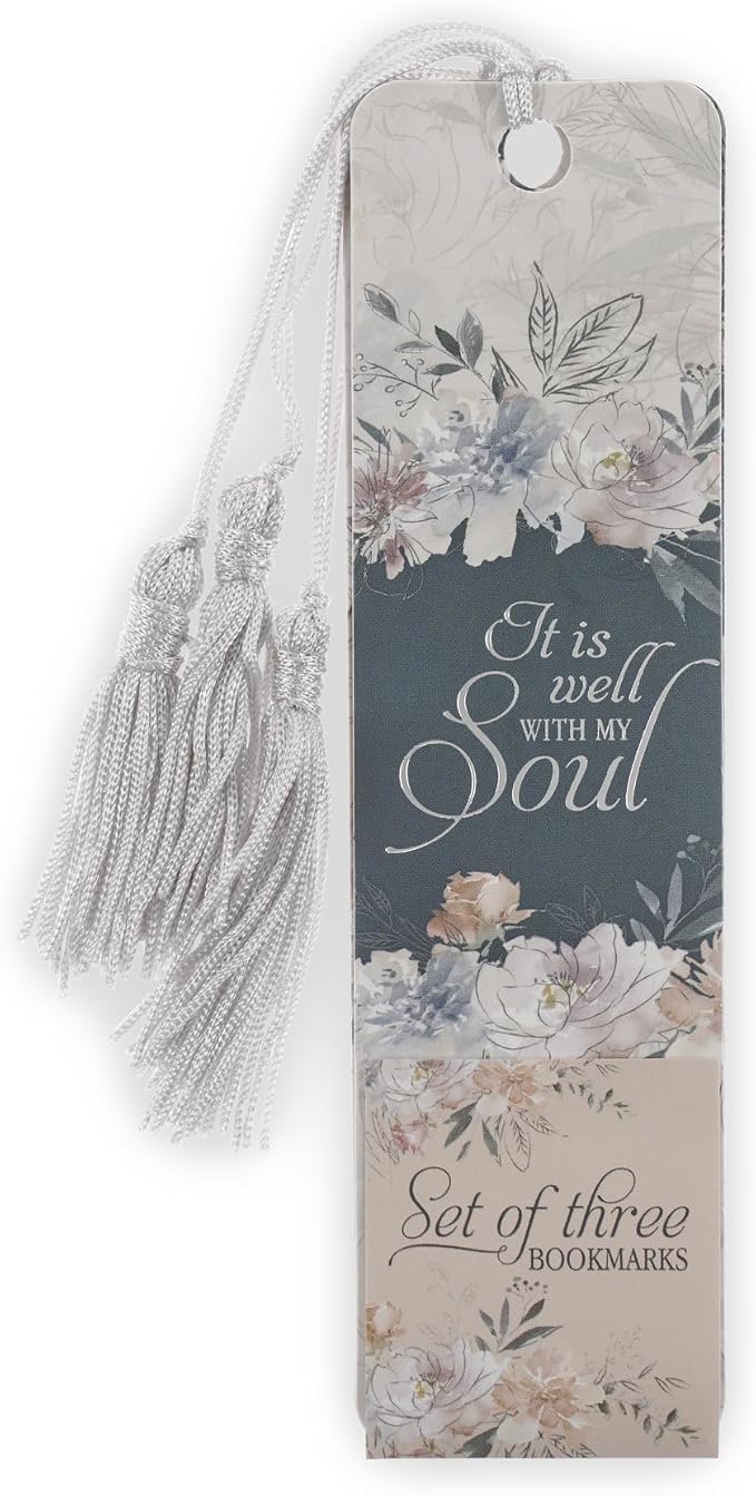 Christian Art Gifts Inspirational 3 Piece Paper Cardstock Bookmark Set for Women: It is Well with My Soul, Encouraging Hymn for Reading, Multicolor Florals, Navy Blue, Creamy Beige & Silver Designs