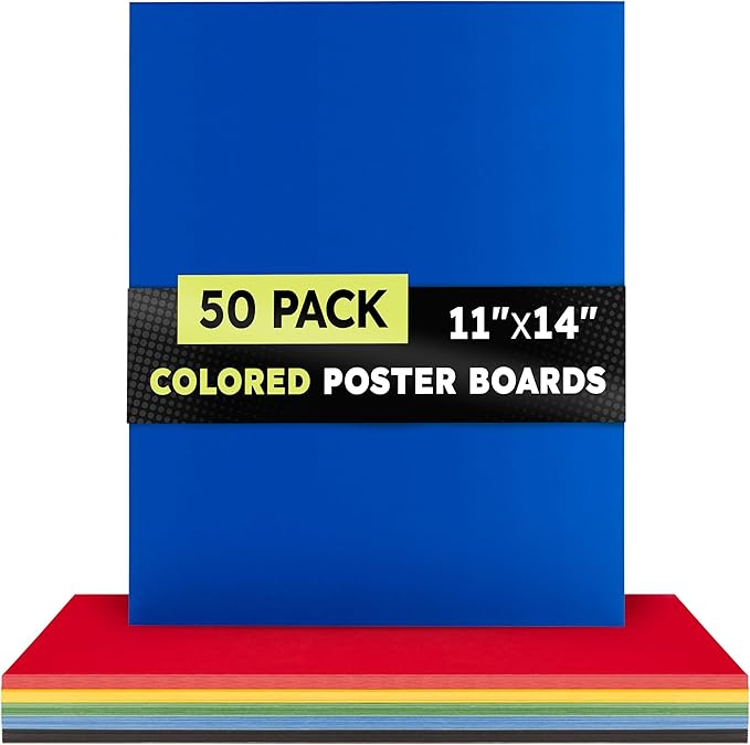 Hygloss Medium Colored Poster Board 11" x 14", 50 Sheets Assorted Standard Colors (Red, Yellow, Green, Blue, Black), 10 Pt Thickness, Bulk Pack for Crafts, School & Art Projects