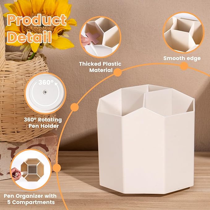 Pencil Pen Holder, 360° Rotating Pen Holder, Desk Organizer with 5 Slots, Desktop Stationery Storage for Office, School & Home, Art Supplies Desktop Decor, White