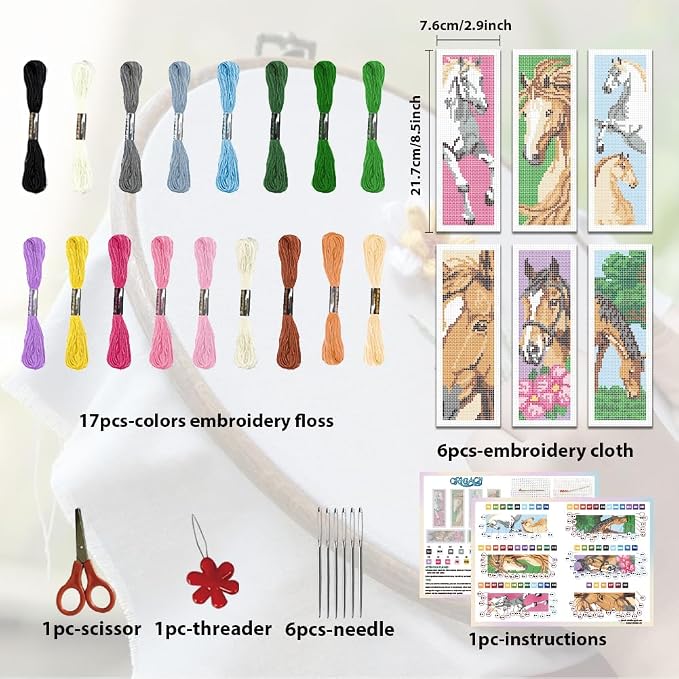 ORIGACH 6 Set Horse Cross Stitch Bookmark Kit for Beginner with Backing Felt Floss Instructions DIY Stamped Embroidery Bookmark Kit for Adults, Book Lovers