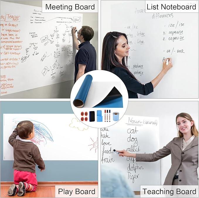 Eagles Magnetic White Board Film, 24" x 36" Dry Erase Whiteboard Paper, Self Adhesive Whiteboard for Office, Home, Conference Room Wall with Marker, Eraser, Pen Container
