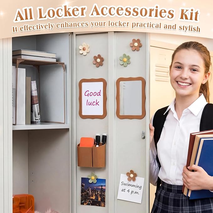 Colarr 16 Pcs Brown Locker Accessories for Girls Includes Magnetic Whiteboard & Mirror Locker Shelf Pen Holder 2 Dry Erase Marker & Eraser 9 Flowers for Back to School Essentials Decoration