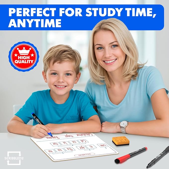 SCRIBBLEDO Elkonin Boxes Dry Erase Board 9x12 Inch Phonics Games Sounds and Blends Syllables Writing Practice Reusable Spelling Words Learn to Read and Write Homeschool & Classroom Supplies