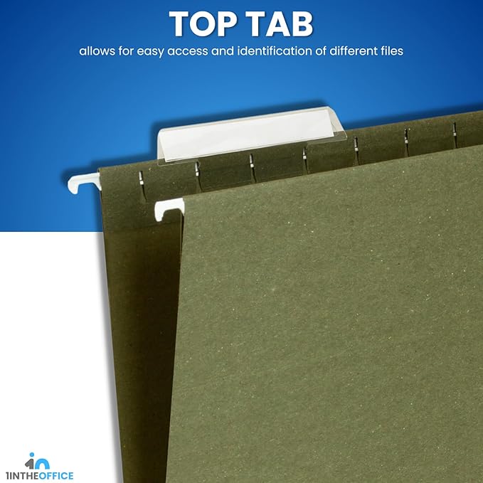 1InTheOffice Hanging File Folders Letter Size, File Cabinet Folders, Reinforced, 1/5 Tabs, Adjustable, Green, 25 Pack