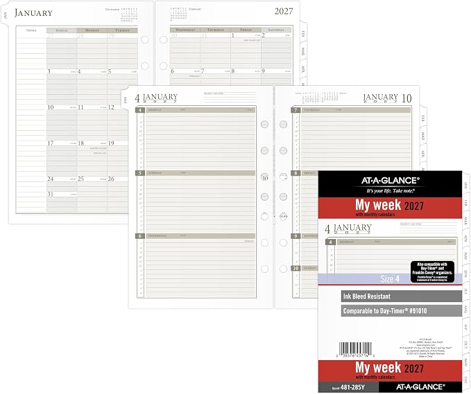 AT-A-GLANCE 2027 Planner Refill, Weekly & Monthly, 5.5" x 8.5", Desk Size 4, Tabbed, 7-Ring Loose-Leaf (481-285Y-27)