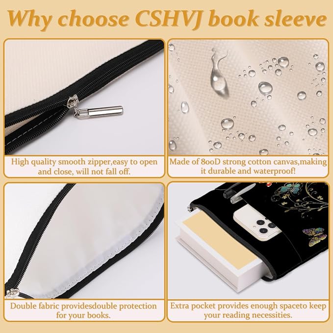 Butterfly Book Sleeve Books Lovers Gifts Aesthetic Book Cover Protector with Zipper and Front Pocket Books Pouch Accessories Bookish Gifts Butterfly Gift for Women Readers