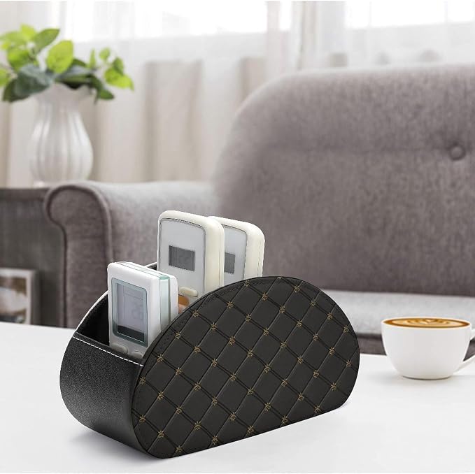 Embossed Black Leather Texture Remote Control Holder with 5 Compartments Leather TV Remote Caddy Remote Storage Box Desktop Organizer for Pen/TV Remotes/Media Controllers/Office Supplies