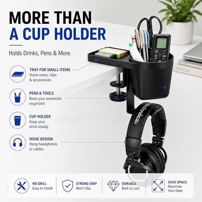 MAX SMART Desk Organizer with Cup & Headphone Holder, Clamp-On | More Desk Space | Essentials Within Reach | Reduced Workspace Clutter | Home Office Ready