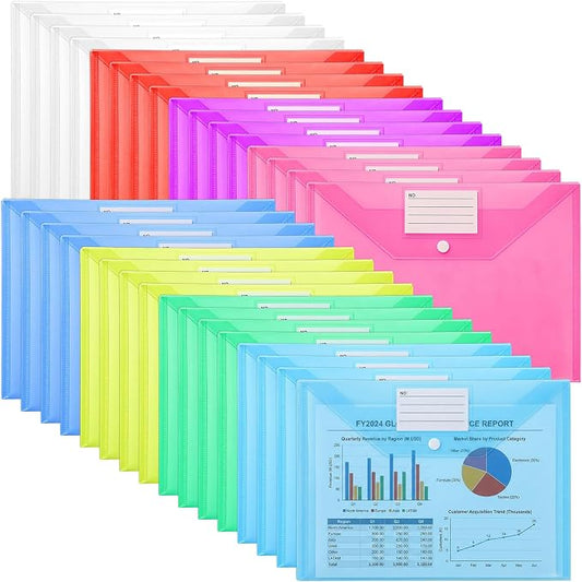 48pcs Plastic Envelopes Poly Envelopes Clear Envelope with Snap Button Closure A4 Letter Size Plastic Envelope Folder with Label Pocket for School Office Home Organizer Supplies, 8 Colors