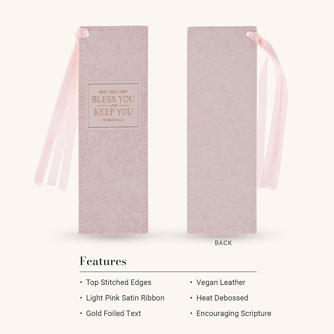Christian Art Gifts Pink Floral Faux Leather Encouraging Scripture Bookmark for Women: Bless You & Keep You Golden Inspirational Bible Verse, Cute Satin Ribbon Markers for Reading, Marking Book Pages