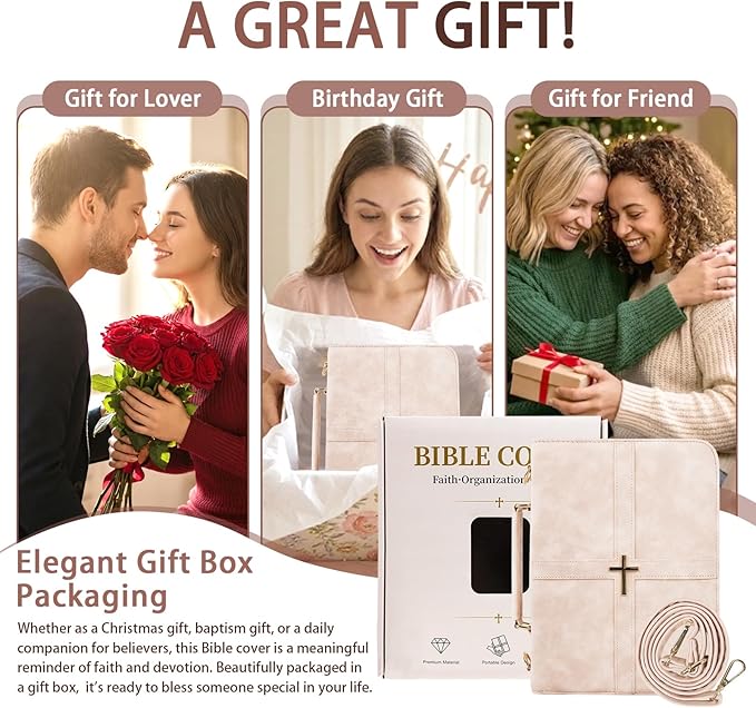 Classic Leather Bible Cover Case with Cross Design and Handle & Shoulder Strap for Women, Durable Bible Study Supplies Organizer Carrying Bag, Christmas Gifts for Christians with Gift Box（Pink