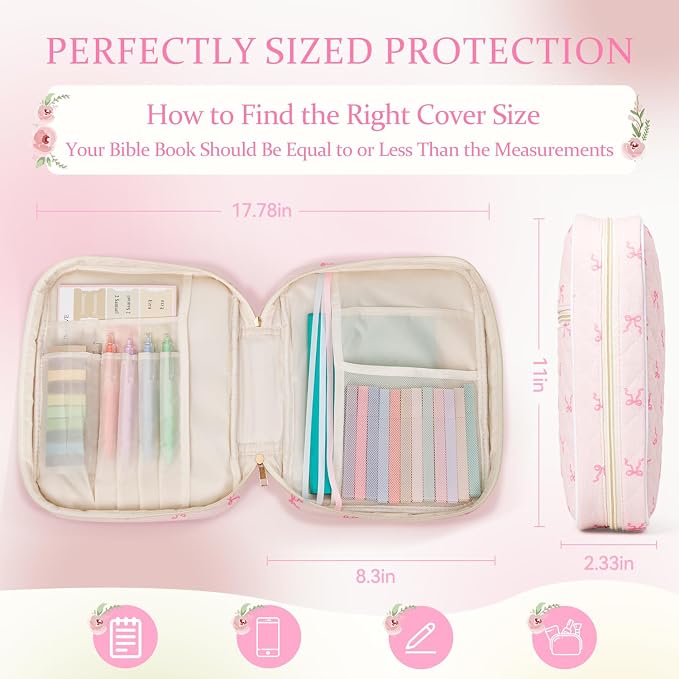 Bible Cover Case for Women Large Quilted Bible Carrying Bag with Handles Bible Study Supplies & Accessories Christian Gifts for Women(Cotton-Bow, M)