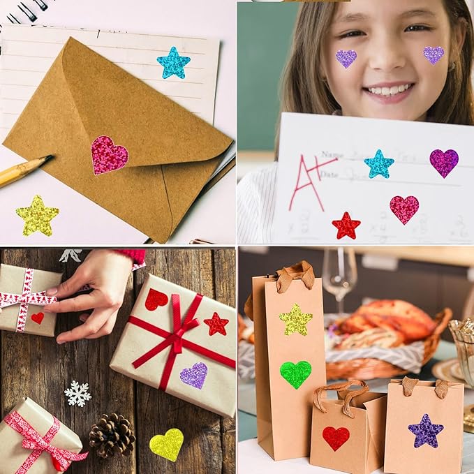 1000 PCS Incentive Stickers, Tekalobr Glitter Star and Heart Stickers, Reward Self Adhesive Stickers for Students Envelope Birthday Party Decoration Wedding School Classroom Teacher Supplies