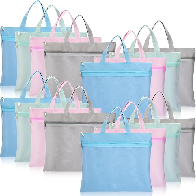 Zhehao 16 Pcs Student Book Pouches with Handle Waterproof Document Bag Sew Project Bag for Quilting Mesh Zipper Pouch File Artwork Storage Organize for A4 Files, 14 x 11 Inch