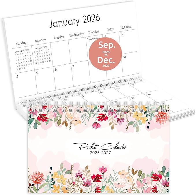 Pocket Calendar 2025-2027, Small Pocket Planner 2026 for Purse - 3.5’’×6.5’’ - From July 2025 - December 2027, Daily Monthly Agenda with Coil for Planning - Pink Flower