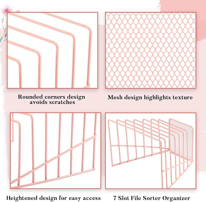 2 Pcs 7 Section Wire File Organizer for Desk, Metal Mesh Incline File Holder, Letter & Magazine Folder Rack, Desktop Paper Sorter for Home Office School (Pink)