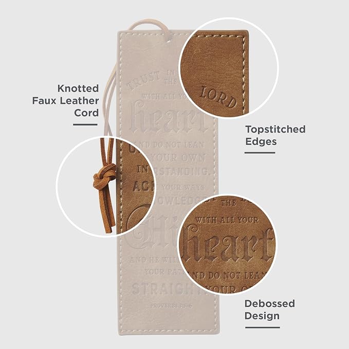Christian Art Gifts Premium Faux Leather Scripture Bookmark for Men & Women: Trust in The Lord - Proverbs 3:5-6 Inspirational Bible Verse, Heat-Debossed, Brown with Cord Tassel, Reading Book Accessory