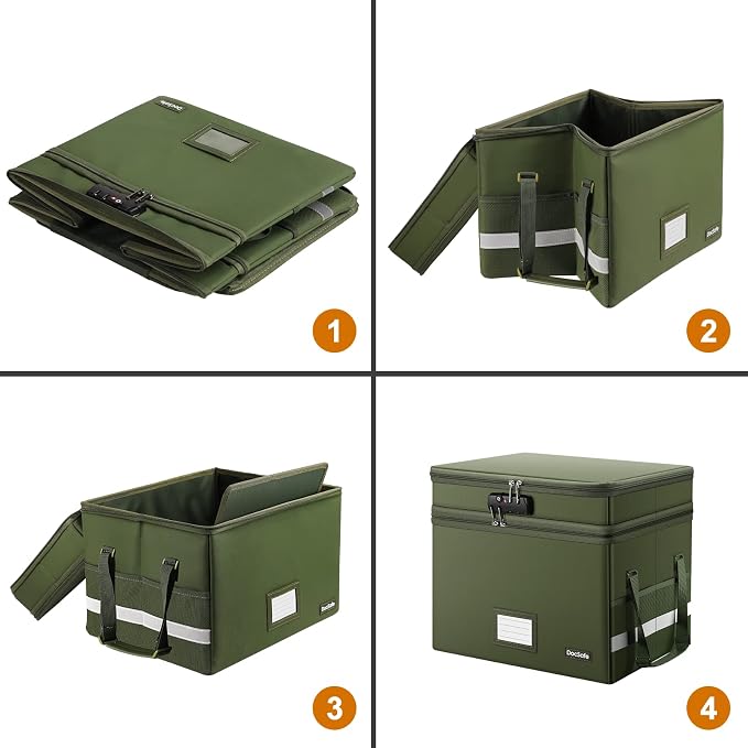 DocSafe File Box with Lock,Multi-Layer Fireproof Document Box Collapsible File Storage Organizer with Pockets/Handle,Portable Home Office Filing Cabinet for Hanging Letter/Legal Size Folders,Green