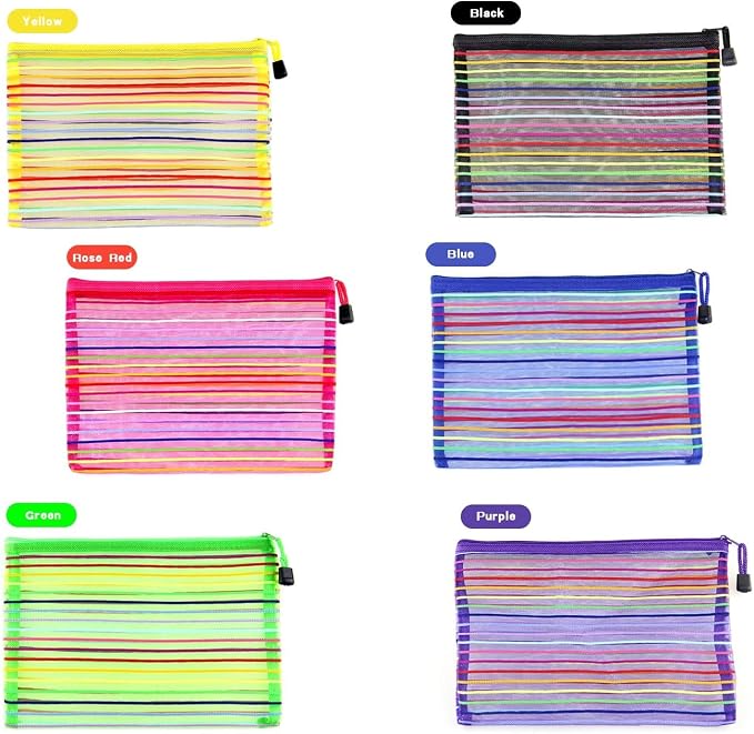 Zipper Mesh Pouch, 6 Pcs 6 Colors 9.8"x 7" Document Bag Zipper File Bags Storage Pouch for Travel Cosmetics Makeup, Offices Supplies, Travel Accessories