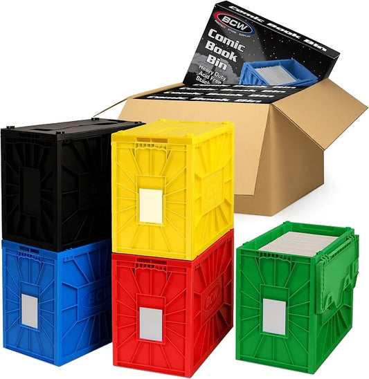 BCW Short Comic Book Bin 5 Pack – Assorted Colors | Comic Book Storage Box Set | Plastic Comic Organizer | Heavy Duty Acid-Free Bin with Partitions