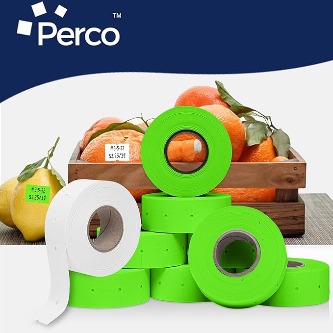 Perco White & Green Pricing Labels for Perco 2 Line Price and Date Gun – One White & One Green Sleeve - 2 Sleeves, 16 Rolls Combo Pack - 12,000 Price Marking Labels – with Label Scraper Included