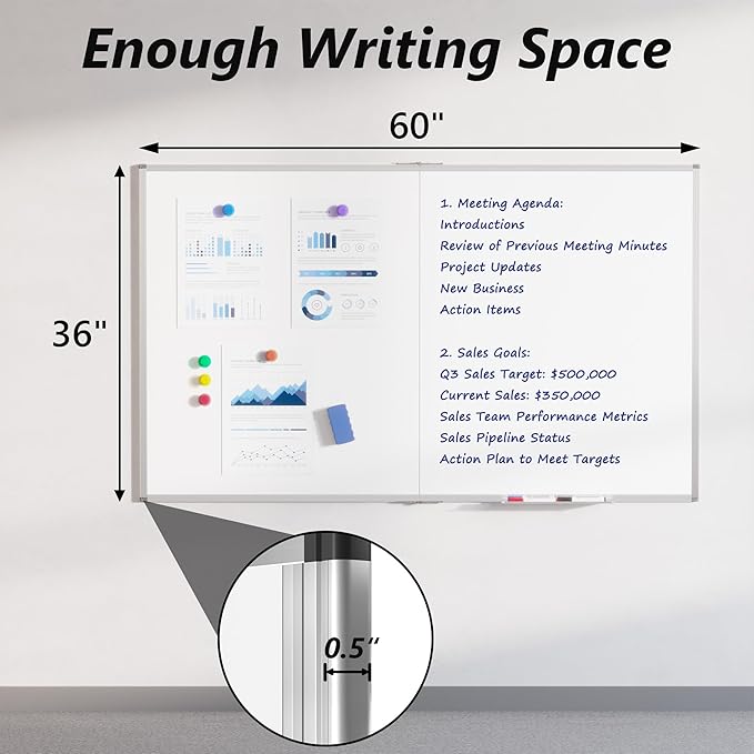 Magnetic White Board Dry Erase Board for Wall, 60" x 36" (5' X 3') Wall-Mounted Large Giant Whiteboard for School, Classroom, Office & Home